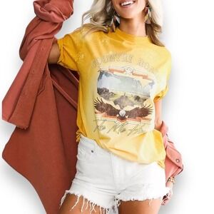 AMERICAN HIGHWAY 'Country Roads' Graphic Bleach Washed Raw Hem T-Shirt‎ | EUC